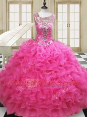 Scoop Floor Length Lace Up 15 Quinceanera Dress Hot Pink for Military Ball and Sweet 16 and Quinceanera with Beading and Ruffles