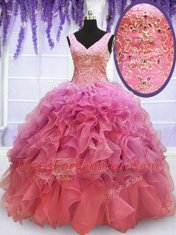 Pink Ball Gowns Organza V-neck Sleeveless Beading and Embroidery and Ruffles Floor Length Lace Up Sweet 16 Quinceanera Dress