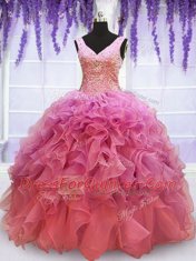 Pink Ball Gowns Organza V-neck Sleeveless Beading and Embroidery and Ruffles Floor Length Lace Up Sweet 16 Quinceanera Dress