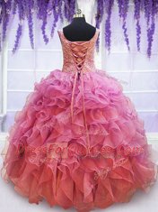 Pink Ball Gowns Organza V-neck Sleeveless Beading and Embroidery and Ruffles Floor Length Lace Up Sweet 16 Quinceanera Dress