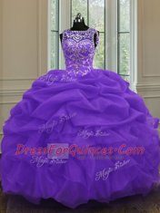 Luxury Eggplant Purple Organza Lace Up Scoop Sleeveless Floor Length Quinceanera Dress Beading and Pick Ups