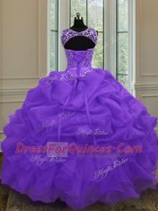 Luxury Eggplant Purple Organza Lace Up Scoop Sleeveless Floor Length Quinceanera Dress Beading and Pick Ups