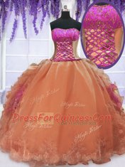 Hot Sale Strapless Sleeveless Vestidos de Quinceanera Floor Length Embroidery and Ruffles Orange Organza