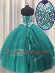 Sophisticated Teal Tulle Lace Up Sweetheart Sleeveless Floor Length Quinceanera Gown Beading and Sequins