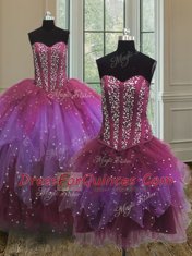 Custom Designed Three Piece Multi-color Quinceanera Gowns Military Ball and Sweet 16 and Quinceanera and For with Beading and Ruffles and Sequins Sweetheart Sleeveless Lace Up