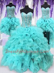 Four Piece Organza Sleeveless Floor Length Ball Gown Prom Dress and Ruffles and Sequins