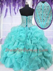 Four Piece Organza Sleeveless Floor Length Ball Gown Prom Dress and Ruffles and Sequins