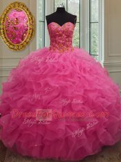 Graceful Hot Pink Ball Gowns Sweetheart Sleeveless Organza Floor Length Lace Up Beading and Ruffles Quinceanera Dress