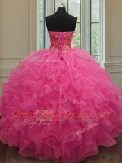 Graceful Hot Pink Ball Gowns Sweetheart Sleeveless Organza Floor Length Lace Up Beading and Ruffles Quinceanera Dress