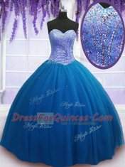 Teal Ball Gowns Beading Vestidos de Quinceanera Lace Up Tulle Sleeveless Floor Length