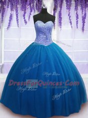 Teal Ball Gowns Beading Vestidos de Quinceanera Lace Up Tulle Sleeveless Floor Length