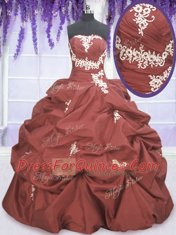 Custom Fit Pick Ups Rust Red Sleeveless Taffeta Lace Up Quinceanera Dress for Military Ball and Sweet 16 and Quinceanera