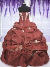 Custom Fit Pick Ups Rust Red Sleeveless Taffeta Lace Up Quinceanera Dress for Military Ball and Sweet 16 and Quinceanera