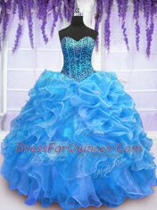 Blue Sweetheart Lace Up Beading and Ruffles Quince Ball Gowns Sleeveless