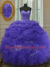 Gorgeous Purple Sleeveless Floor Length Beading and Ruffles and Pick Ups Lace Up Ball Gown Prom Dress