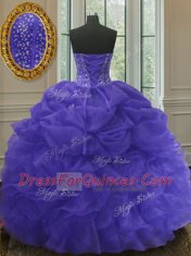 Gorgeous Purple Sleeveless Floor Length Beading and Ruffles and Pick Ups Lace Up Ball Gown Prom Dress