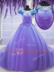 Lavender Lace Up Scoop Hand Made Flower Quinceanera Dress Tulle Short Sleeves Court Train