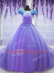 Lavender Lace Up Scoop Hand Made Flower Quinceanera Dress Tulle Short Sleeves Court Train