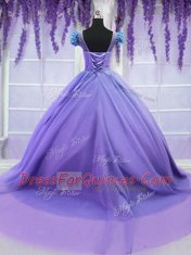 Lavender Lace Up Scoop Hand Made Flower Quinceanera Dress Tulle Short Sleeves Court Train