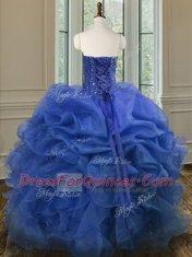 Top Selling Blue Ball Gowns Beading and Ruffles Sweet 16 Dresses Lace Up Organza Sleeveless Floor Length