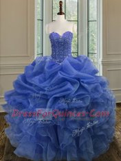 Top Selling Blue Ball Gowns Beading and Ruffles Sweet 16 Dresses Lace Up Organza Sleeveless Floor Length