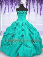 Modest Mermaid Pick Ups Floor Length Aqua Blue Ball Gown Prom Dress Strapless Sleeveless Lace Up