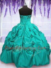 Modest Mermaid Pick Ups Floor Length Aqua Blue Ball Gown Prom Dress Strapless Sleeveless Lace Up