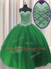 Fitting Green Sleeveless Tulle Lace Up Ball Gown Prom Dress for Military Ball and Sweet 16 and Quinceanera