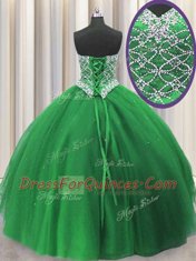 Fitting Green Sleeveless Tulle Lace Up Ball Gown Prom Dress for Military Ball and Sweet 16 and Quinceanera