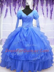 One Shoulder Floor Length Blue Sweet 16 Dress Organza Long Sleeves Beading and Embroidery and Hand Made Flower