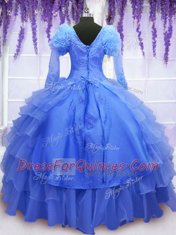 One Shoulder Floor Length Blue Sweet 16 Dress Organza Long Sleeves Beading and Embroidery and Hand Made Flower