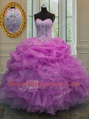 Superior Floor Length Lace Up Ball Gown Prom Dress Lilac for Military Ball and Sweet 16 and Quinceanera with Beading and Ruffles and Pick Ups