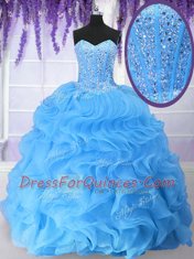 Baby Blue Lace Up Quinceanera Dress Beading and Ruffles Sleeveless Floor Length
