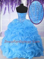 Baby Blue Lace Up Quinceanera Dress Beading and Ruffles Sleeveless Floor Length