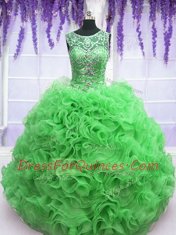 Chic Scoop Sleeveless Floor Length Beading and Ruffles Lace Up Quinceanera Dresses with Green