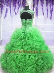 Chic Scoop Sleeveless Floor Length Beading and Ruffles Lace Up Quinceanera Dresses with Green