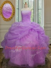 Custom Made Lilac Organza Lace Up Strapless Sleeveless Floor Length Sweet 16 Dress Embroidery and Pick Ups