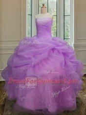 Custom Made Lilac Organza Lace Up Strapless Sleeveless Floor Length Sweet 16 Dress Embroidery and Pick Ups