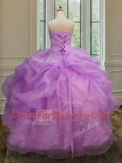 Custom Made Lilac Organza Lace Up Strapless Sleeveless Floor Length Sweet 16 Dress Embroidery and Pick Ups