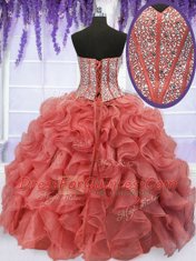 Charming Coral Red Sleeveless Floor Length Beading and Ruffles Lace Up Quinceanera Gown