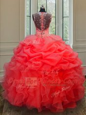 Elegant Straps Coral Red Sleeveless Organza Zipper Sweet 16 Quinceanera Dress for Military Ball and Sweet 16 and Quinceanera