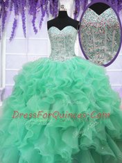Apple Green Ball Gowns Ruffles and Sequins Quinceanera Gown Lace Up Organza Sleeveless Floor Length