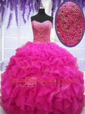 Sleeveless Organza Floor Length Lace Up Quinceanera Dresses in Fuchsia with Beading and Ruffles