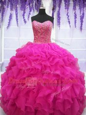 Sleeveless Organza Floor Length Lace Up Quinceanera Dresses in Fuchsia with Beading and Ruffles