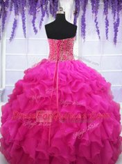 Sleeveless Organza Floor Length Lace Up Quinceanera Dresses in Fuchsia with Beading and Ruffles