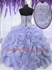 Lavender Ball Gowns Sweetheart Sleeveless Organza Floor Length Lace Up Beading and Ruffles Sweet 16 Dress
