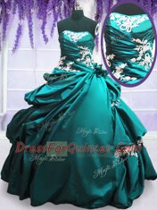 Teal Taffeta Lace Up Strapless Sleeveless Floor Length Quinceanera Gowns Appliques and Pick Ups