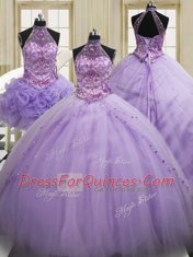 Low Price Three Piece Halter Top Lavender Ball Gowns Sequins Quinceanera Gowns Lace Up Tulle Sleeveless