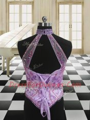 Low Price Three Piece Halter Top Lavender Ball Gowns Sequins Quinceanera Gowns Lace Up Tulle Sleeveless
