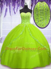 Great Sleeveless Floor Length Beading Lace Up Sweet 16 Dresses with Yellow Green